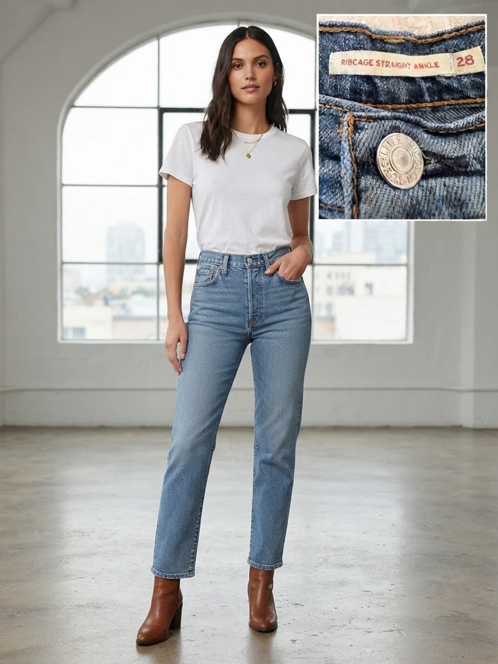 Levi's Medium Blue Wash Ribcage High-Rise Straight Ankle Jeans